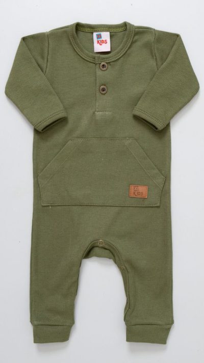 Macacão Bebê Manga Longa Canelado Verde Militar Unissex