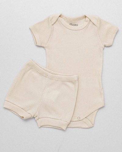 Conjunto Bebê Canelado Verão e Tapa Fralda Neutro Bege