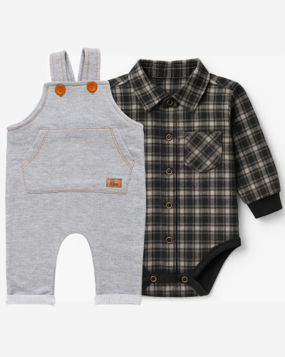 Kit Jardineira Mescla e Body Xadrez Menino