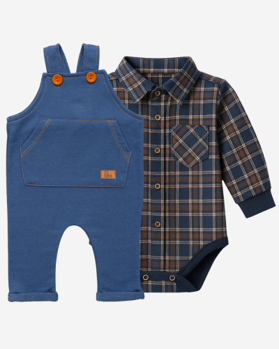 Kit Jardineira Azul e Body Xadrez Menino