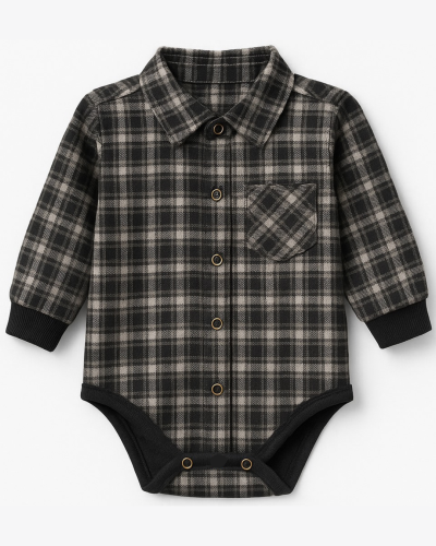 Body Bebê Xadrez Flanela Preto e Branco Menino