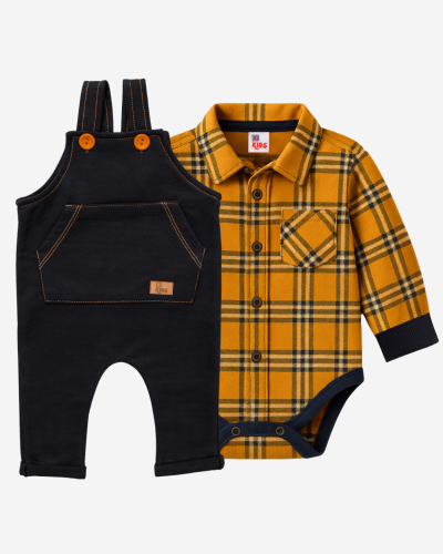 Kit Jardineira Preta e Body Xadrez Amarelo Menino