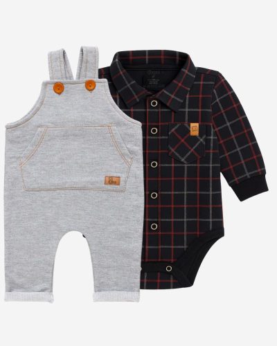 Kit Jardineira Mescla e Body Xadrez Preto e Vermelho Menino