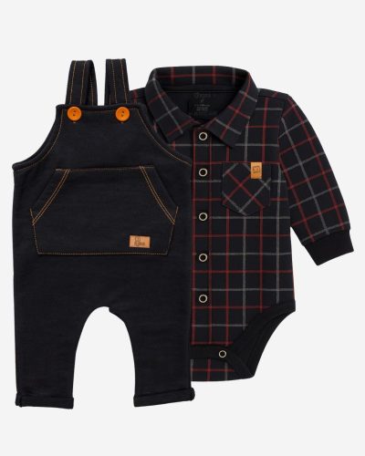 Kit Jardineira Preta e Body Xadrez Preto e Vermelho Menino