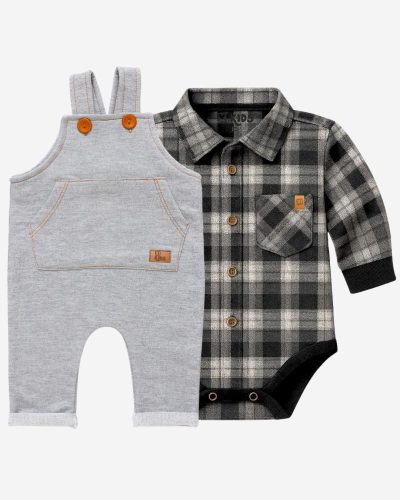 Kit Jardineira Mescla e Body Xadrez Menino