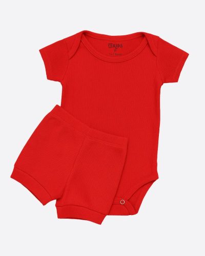 Conjunto Bebê Canelado Verão e Tapa Fralda Unissex Vermelho