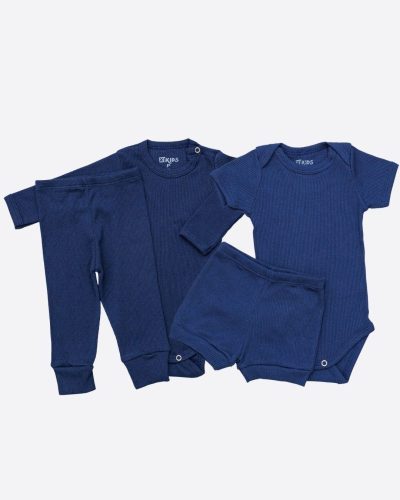 Kit Bebê 2 Conjuntos Canelado Curto e Comprido Azul Marinho