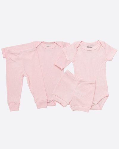 Kit Bebê 2 Conjuntos Canelado Curto e Comprido Rosa