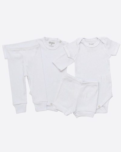Kit Bebê 2 Conjuntos Canelado Curto e Comprido Branco