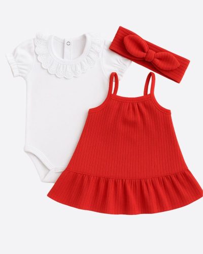Kit 3 peças Bebê Vestido Body Faixa de Cabelo Vermelho Menina Natal