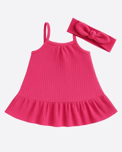Kit 2 peças Vestido Bebê Com Faixa de Cabelo Pink Menina