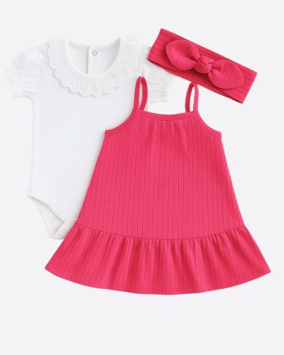 Kit 3 peças Bebê Vestido Body Faixa de Cabelo Pink Menina