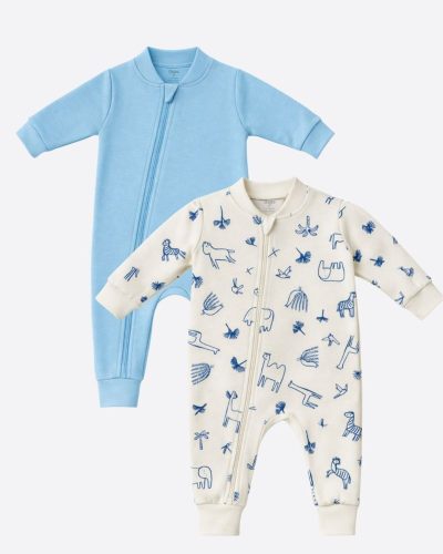 Kit 2 Macacões Bebê Liso e Estampado Azul