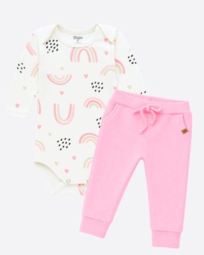 Kit Bebê Body Manga Longa Arco Íris e Calça Jogger Rosa Menina