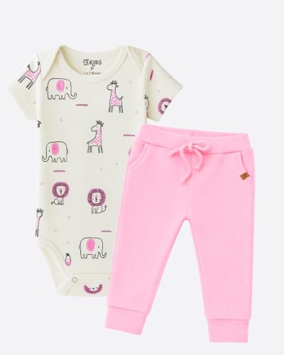 Kit Bebê Body Safári e Calça Jogger Rosa Menina