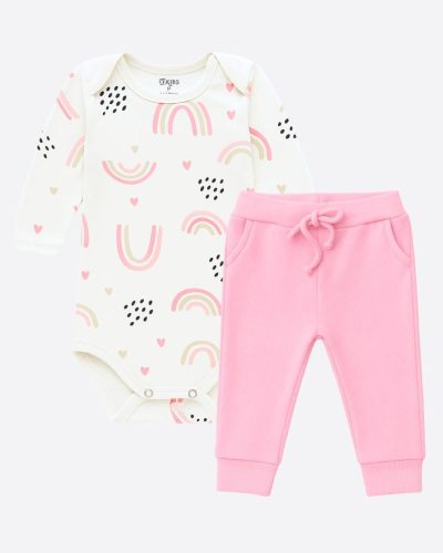Kit Bebê Body Manga Longa Arco Íris e Calça Jogger Rosa Menina