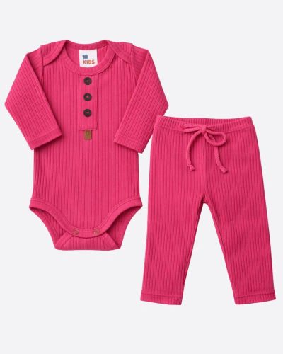 Conjunto Canelado 2 Peças Bebê Body e Calça Pink Menina