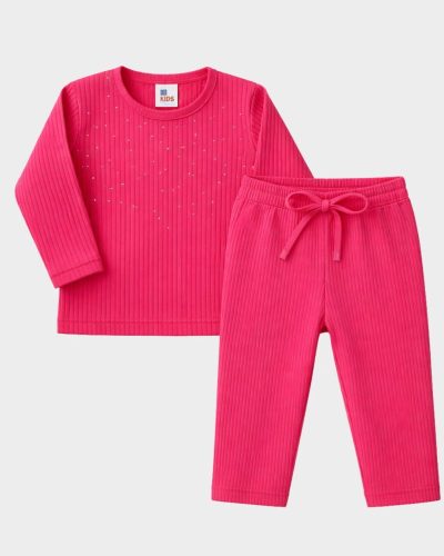 Conjunto Longo Infantil 2 Peças com Brilho Pink Menina