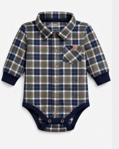Body Bebê Xadrez Flanela Azul Menino