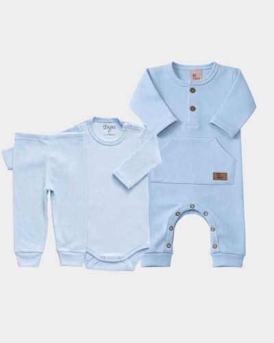 Kit Bebê Canelado 03 Peças Azul Claro Menino