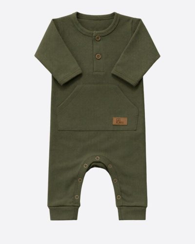Macacão Bebê Manga Longa Canelado Verde Militar Unissex