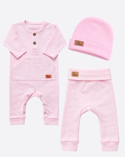 Kit Completo 3 Peças Com Macacão, Calça e Touca Rosa Menina