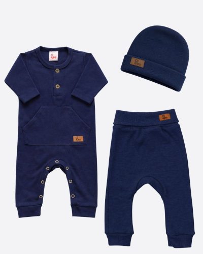 Kit Completo 3 Peças Com Macacão, Calça e Touca Azul Menino