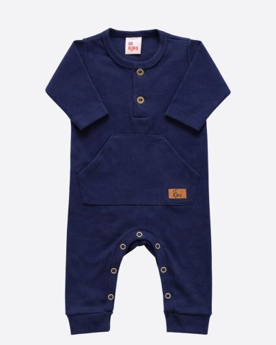Macacão Bebê Manga Longa Canelado Azul Marinho Menino