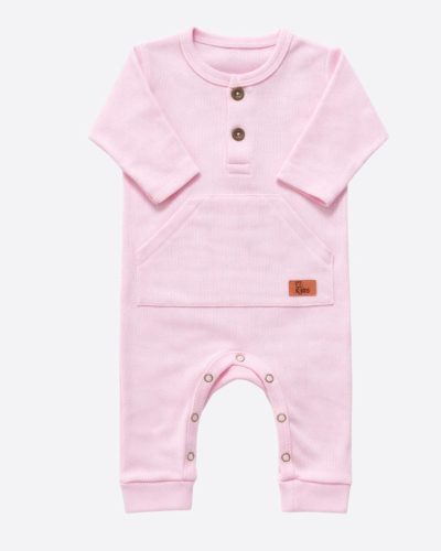 Macacão Bebê Manga Longa Canelado Rosa Menina