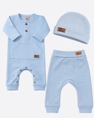 Kit Completo 3 Peças Com Macacão, Calça e Touca Azul Menino