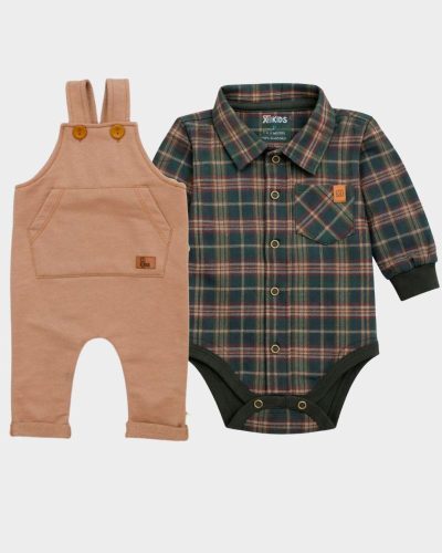 Kit Jardineira Bege Bebê com Body Xadrez Verde