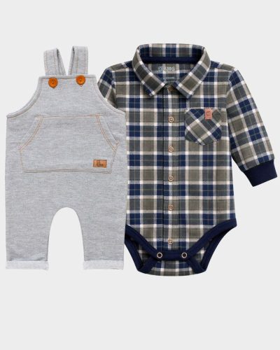 Kit Jardineira Mescla Bebê com Body Xadrez Azul