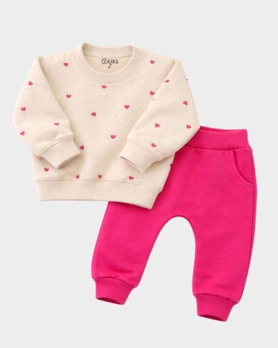 Conjunto Longo Em Linho Infantil 2 peças Estampa Coração