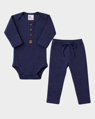 Conjunto Canelado 2 Peças Bebê Body e Calça Azul Menino