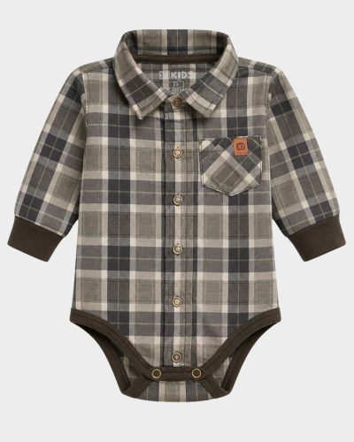Body Bebê Xadrez Flanela Cinza Menino