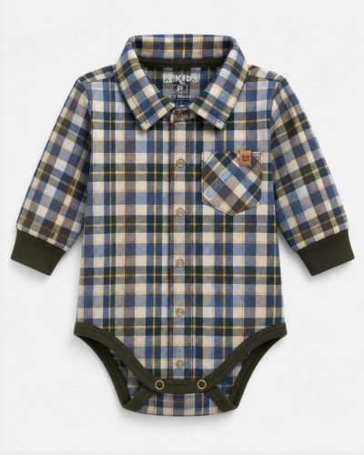 Body Bebê Xadrez Flanela Azul/Verde Menino
