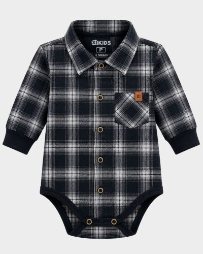 Body Bebê Xadrez Flanela Preto Menino