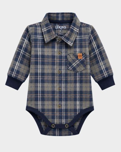 Body Bebê Xadrez Flanela Azul/Branco Menino