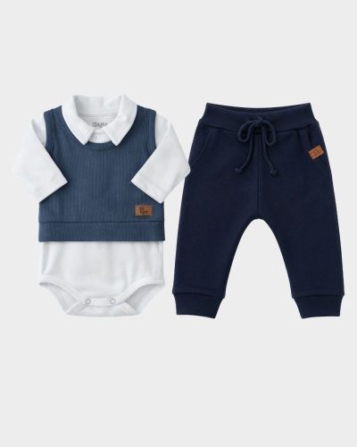 Conjunto Bebê Body Gola Polo com Colete e Calça Jogger Azul Marinho