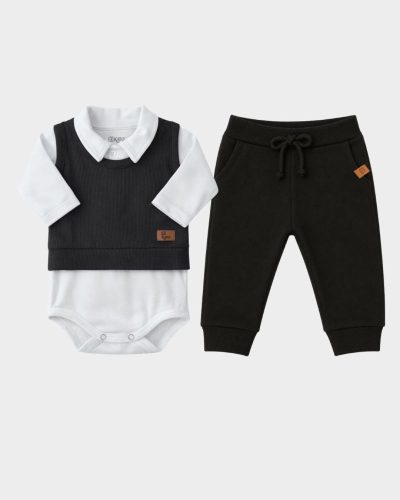 Conjunto Bebê Body Gola Polo com Colete e Calça Jogger Preto