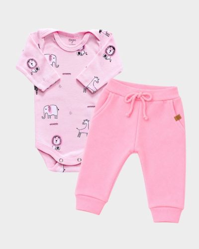 Kit Bebê Body Manga Longa Safári e Calça Jogger Rosa Menina