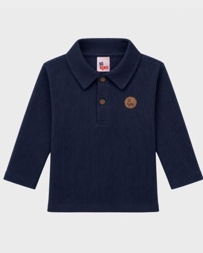 Camisa Polo Infantil Manga Longa Canelado Azul Marinho