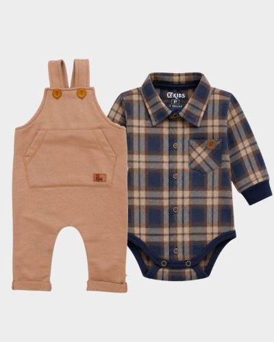 Kit Jardineira Bege Bebê com Body Xadrez Bege