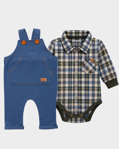 Kit Jardineira Azul Bebê com Body Xadrez Verde