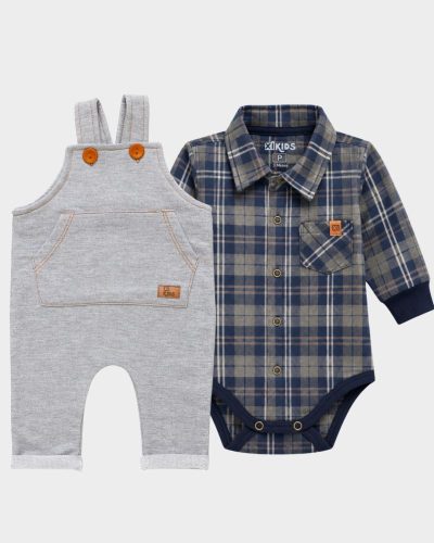 Kit Jardineira Mescla Bebê com Body Xadrez Azul