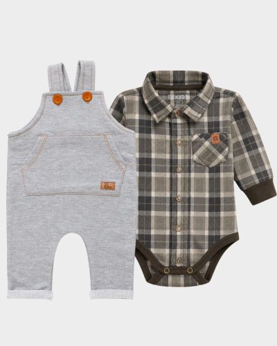 Kit Jardineira Mescla Bebê com Body Xadrez Marrom