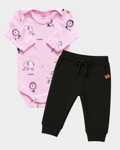 Kit Bebê Body Manga Longa Safári e Calça Jogger Rosa e Preto Menina