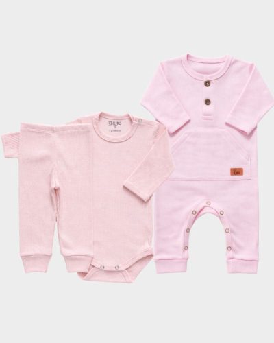 Kit Bebê Canelado 03 Peças Rosa Menina