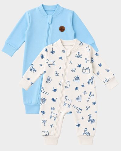 Kit 2 Macacões Bebê Liso e Estampado Azul