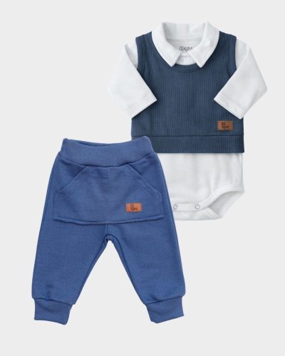 Kit Bebê Menino 3 Peças Body Colete e Calça Moletom Azul Marinho